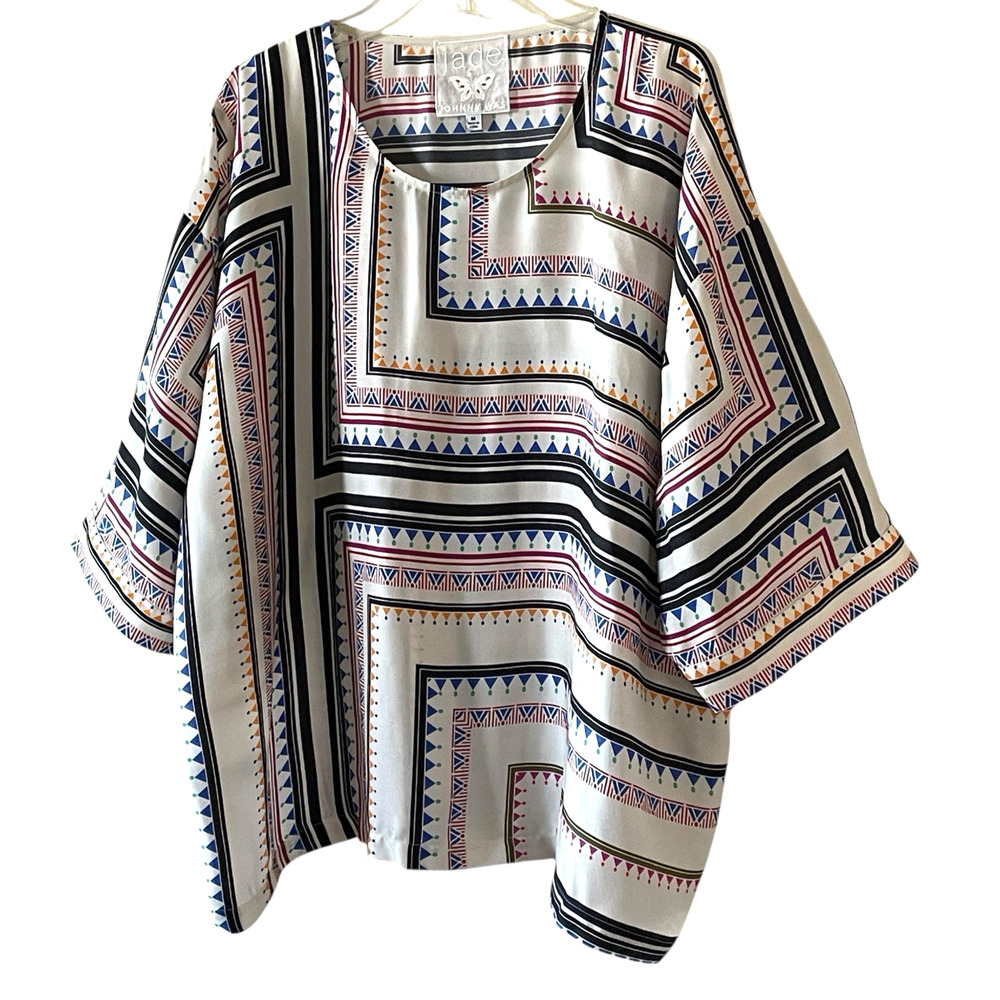 JADE by JOHNNY WAS Arden Size Medium Oversized Geo Print Pullover Silk Blend Top - Picture 9 of 9